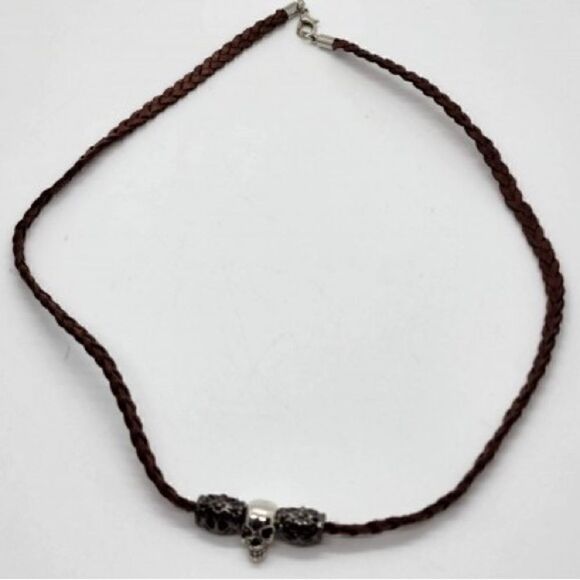 Handcrafted Necklace with Skull Pendant on Brown Braided Leather cord. - Picture 6 of 6